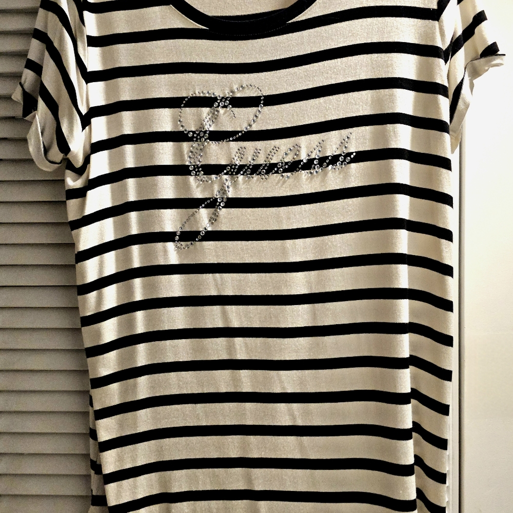 GUESS LOS ANGELES TUNIC TOP..BLACK & WHITE STRIPES WITH GUESS IN RHINESTONES - Picture 12 of 15